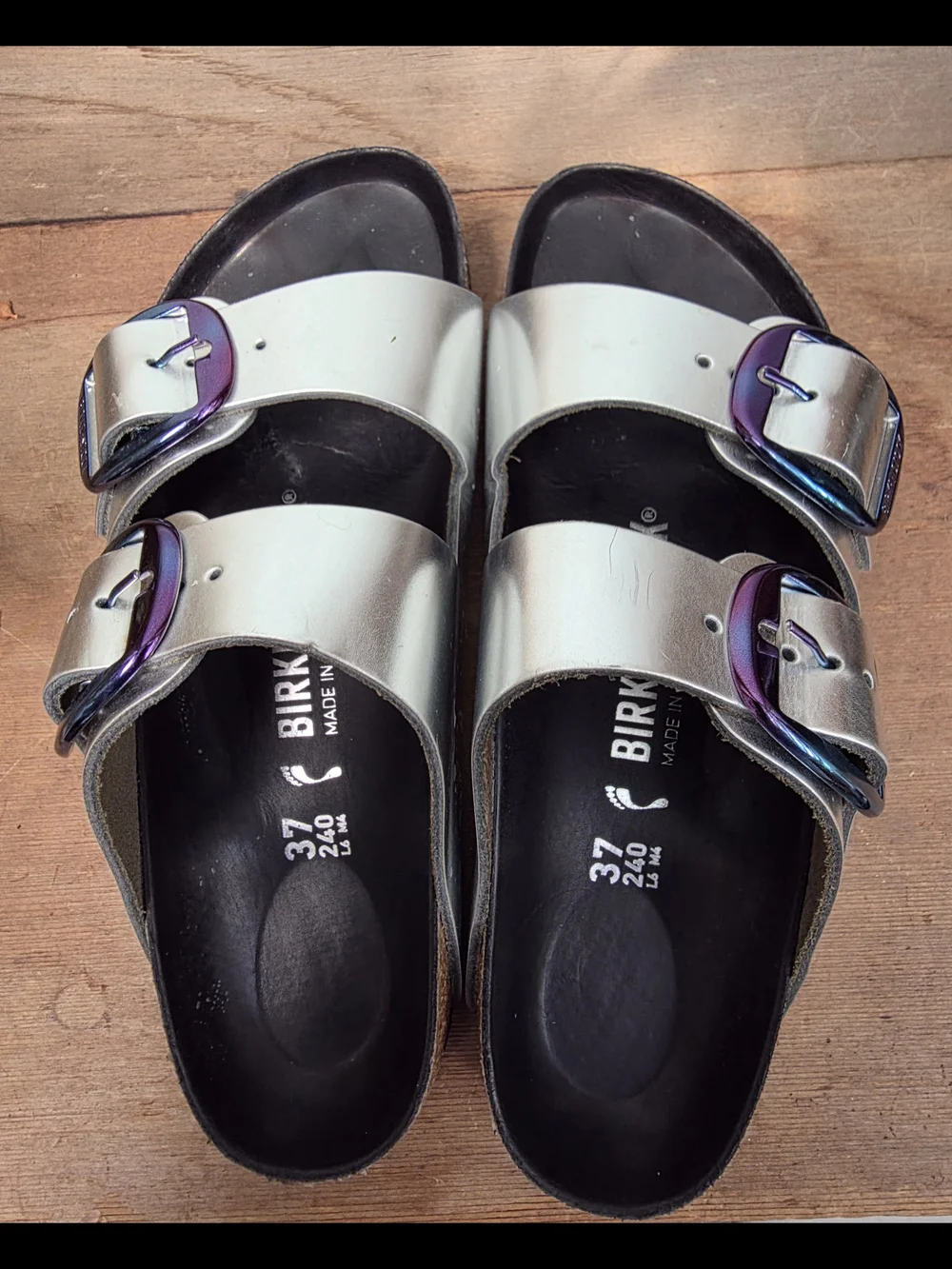 Birkenstock Arizona Metallic Silver Slide Sandals with Iridescent Buckles - Picture 7 of 7